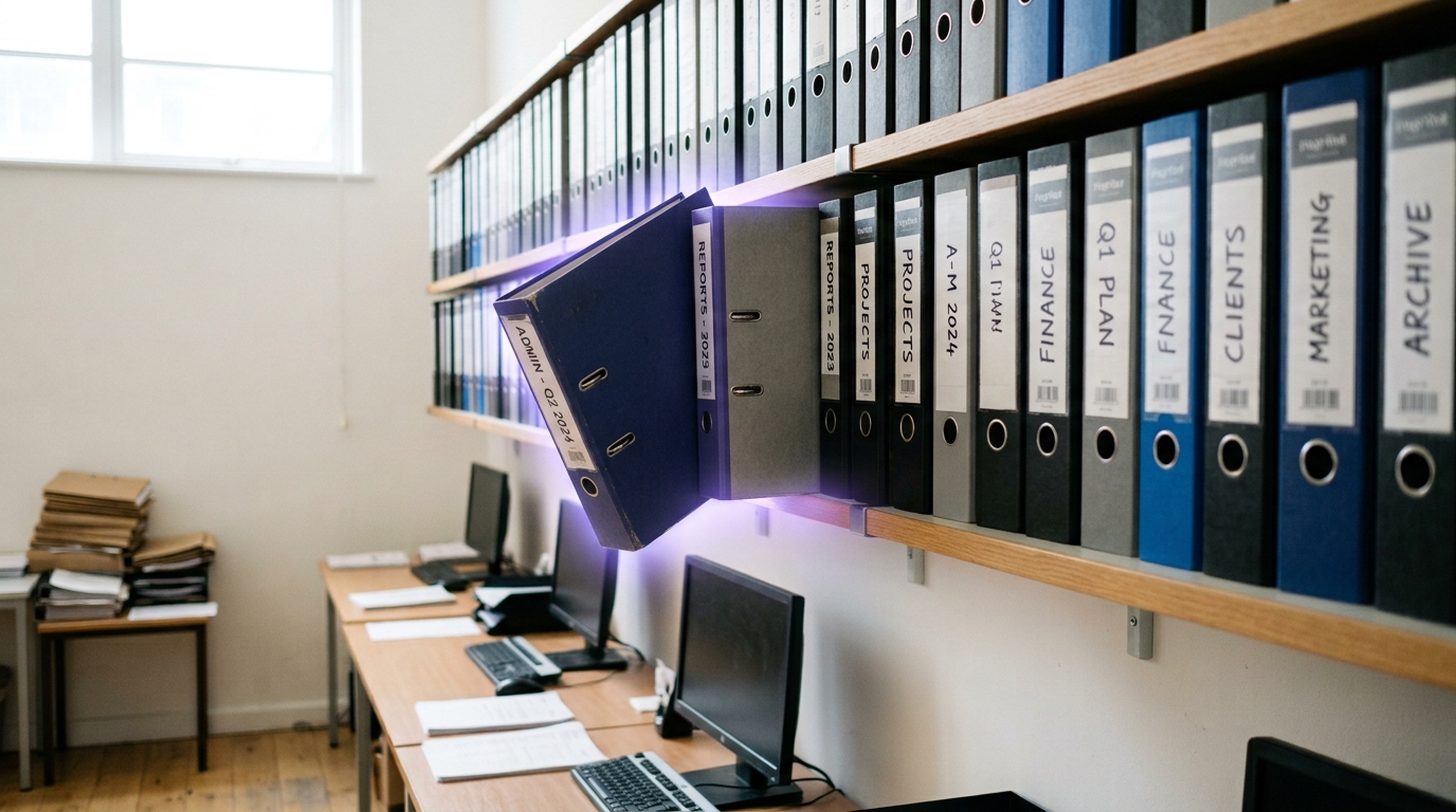 A shared shelf of scope-labelled ring binders reachable from every desk, one binder half drawn out of its slot with its spine label only partly visible