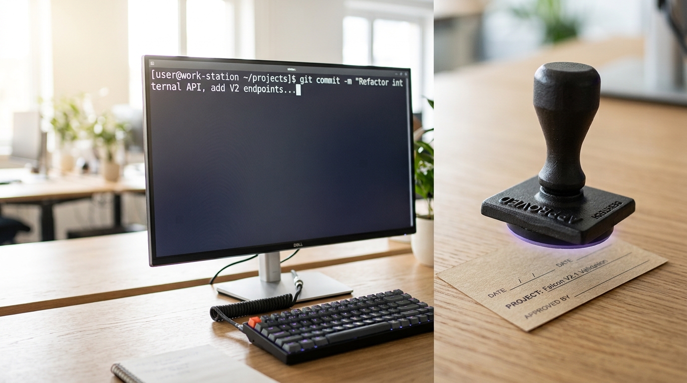 A terminal desk with a monitor showing a paused command prompt, and a desktop stamp unit lowering onto a kraft approval slip just before it lands