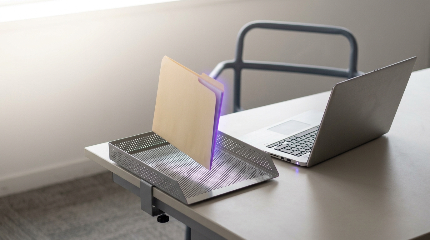 An unattended desk with an idling laptop, its charge light lit, and a small courier-style out-tray in which a folder is caught just settling into place with no one present
