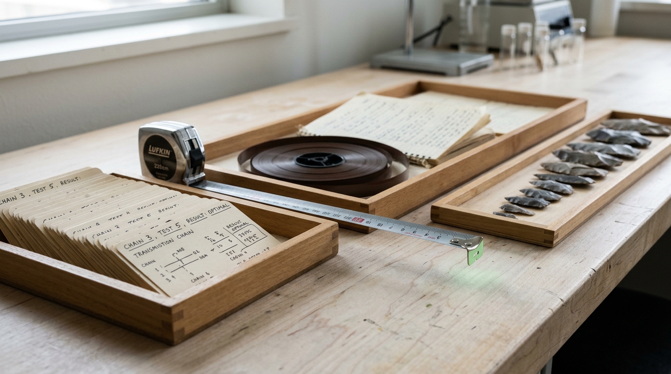 Three specimen trays laid side by side on one bench under a single overhead ruler scale, one tray of tablet-logged chain outputs, one of field-recorded audio spools, one of knapped stone tools, with a measuring tape caught still unrolling across all three