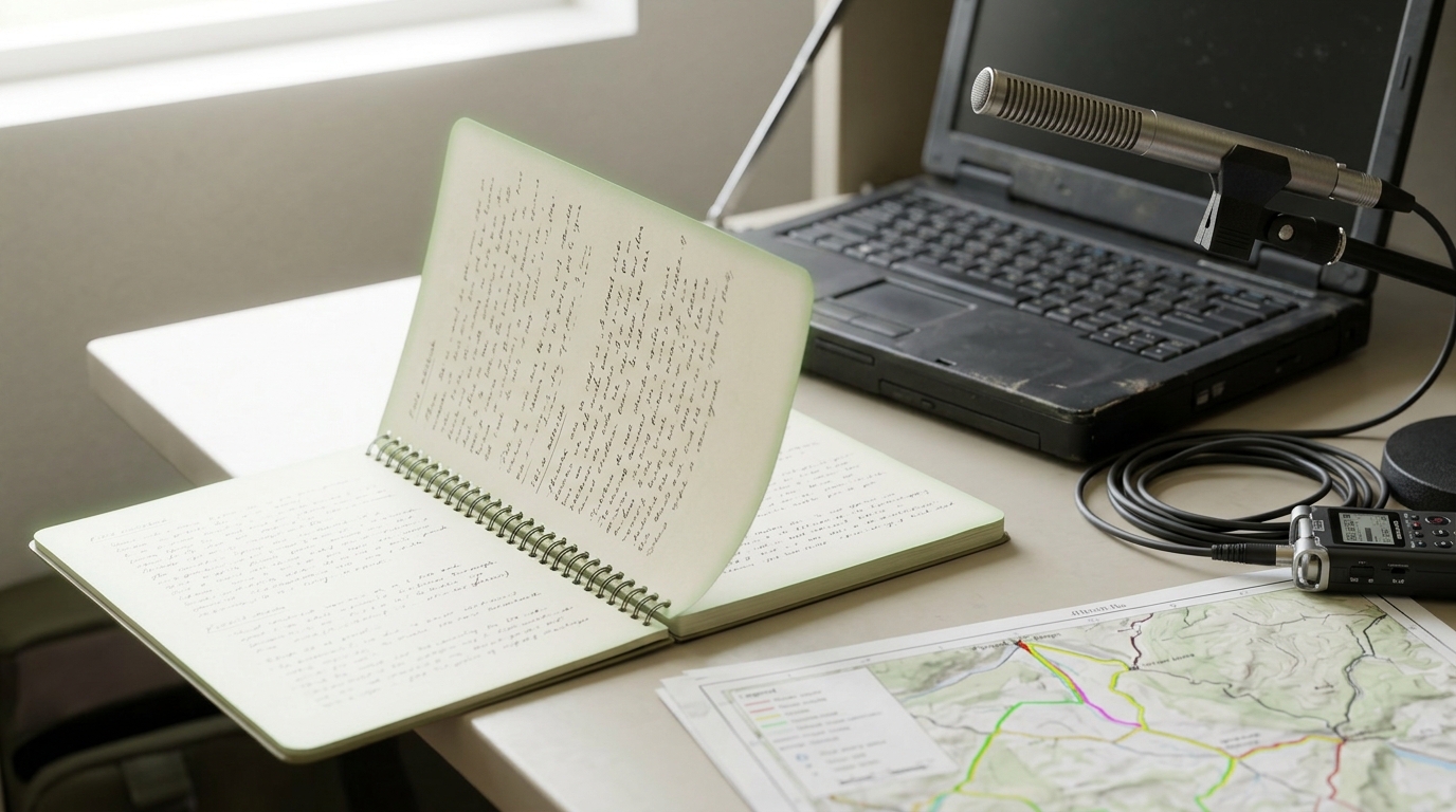 A field laptop and shotgun microphone on a fold-down desk beside an open spiral field notebook, its page caught mid-turn