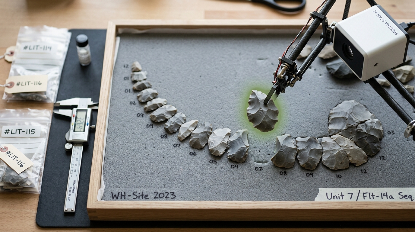 A foam-lined refitting tray of grey flint flakes arranged in sequence, with one flake caught being lifted toward a gap in the line by a slim mechanical arm