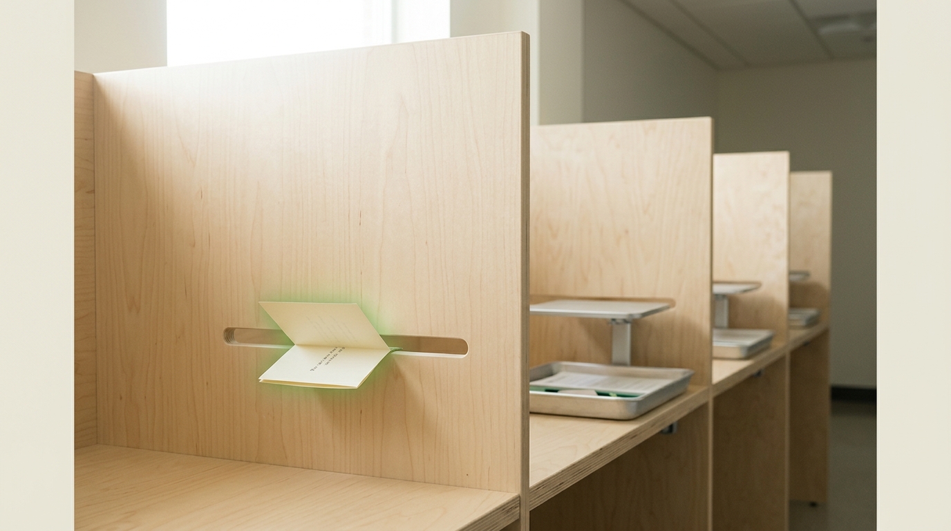 Four testing booths divided by a low partition wall with a narrow pass-through slot, a folded task-solution card caught mid-slide through the slot into the neighbouring booth