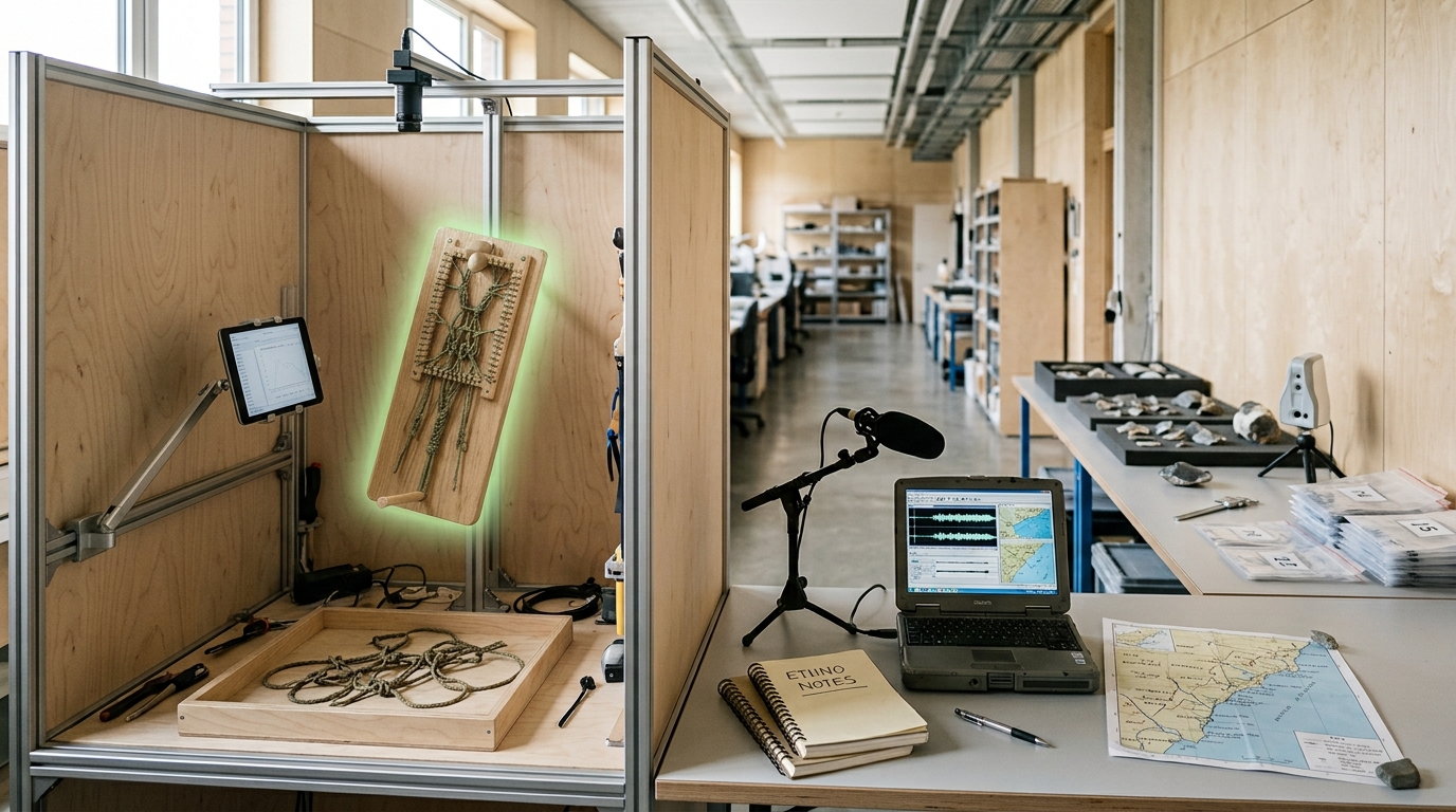 A transmission-chain testing booth, a field-recording desk, and a lithic refitting bench arranged along one wide research room, with a knotted cord board still swinging on the near booth's tray