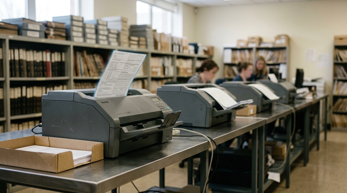 A row of document scanners mid-feed with one paper census form caught curling upward off the tray, archival shelving of bound ledgers receding behind