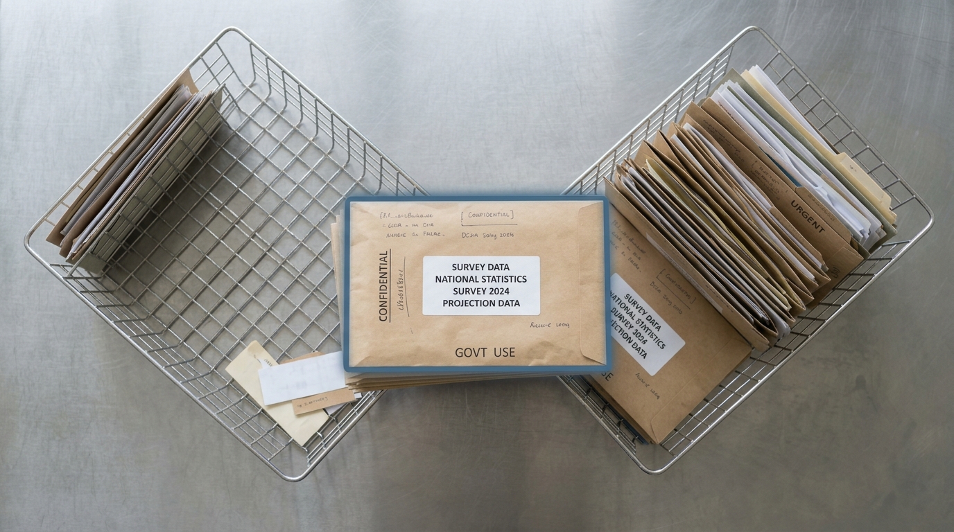 A single kraft envelope stack beginning to split into two divided wire-tray paths, one path visibly fuller than the other