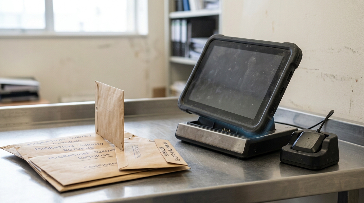 A rugged field-survey tablet lifting off its docking cradle with its GPS antenna case still half seated, migration-survey envelopes fanned beside it
