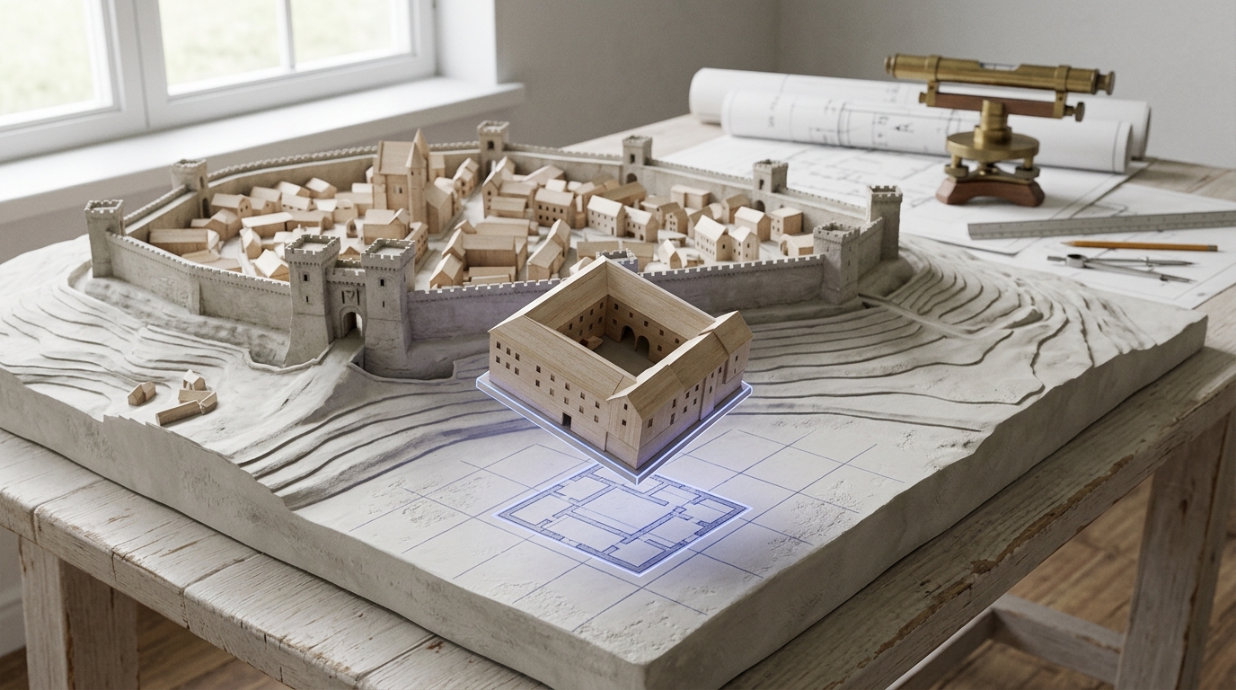 A foam-core city-block massing model on a pale board with one new building block held just above its site, not yet placed