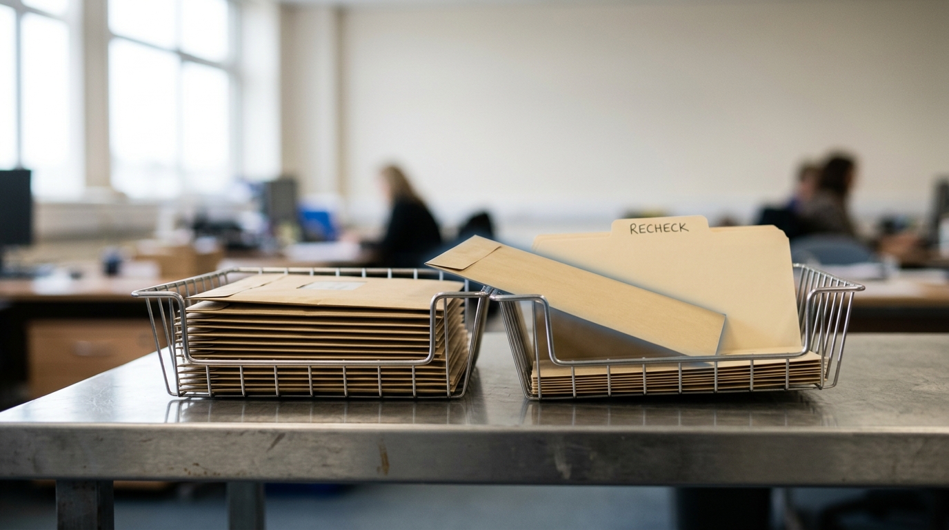 Two sealed survey-return envelope trays side by side, one hand-labelled tray of independent recheck forms tipped against the main intake tray