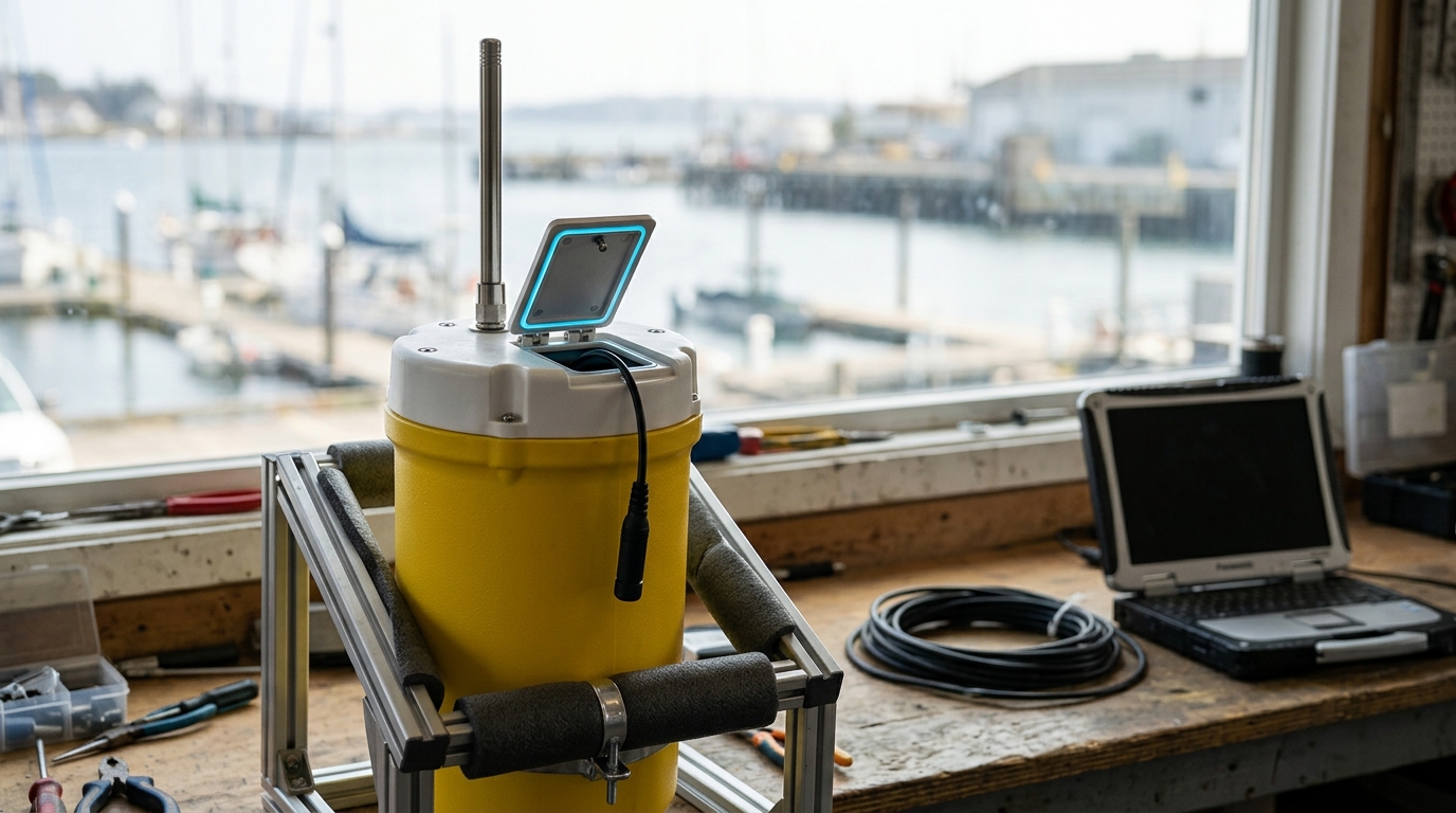 A cylindrical profiling float stands cradled in a deployment frame on a workshop bench, its antenna stalk upright, one access panel still open.