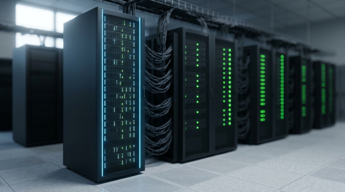 A row of climate-model computing racks stands in a data hall, status lights along one rack still cycling through a startup sequence.