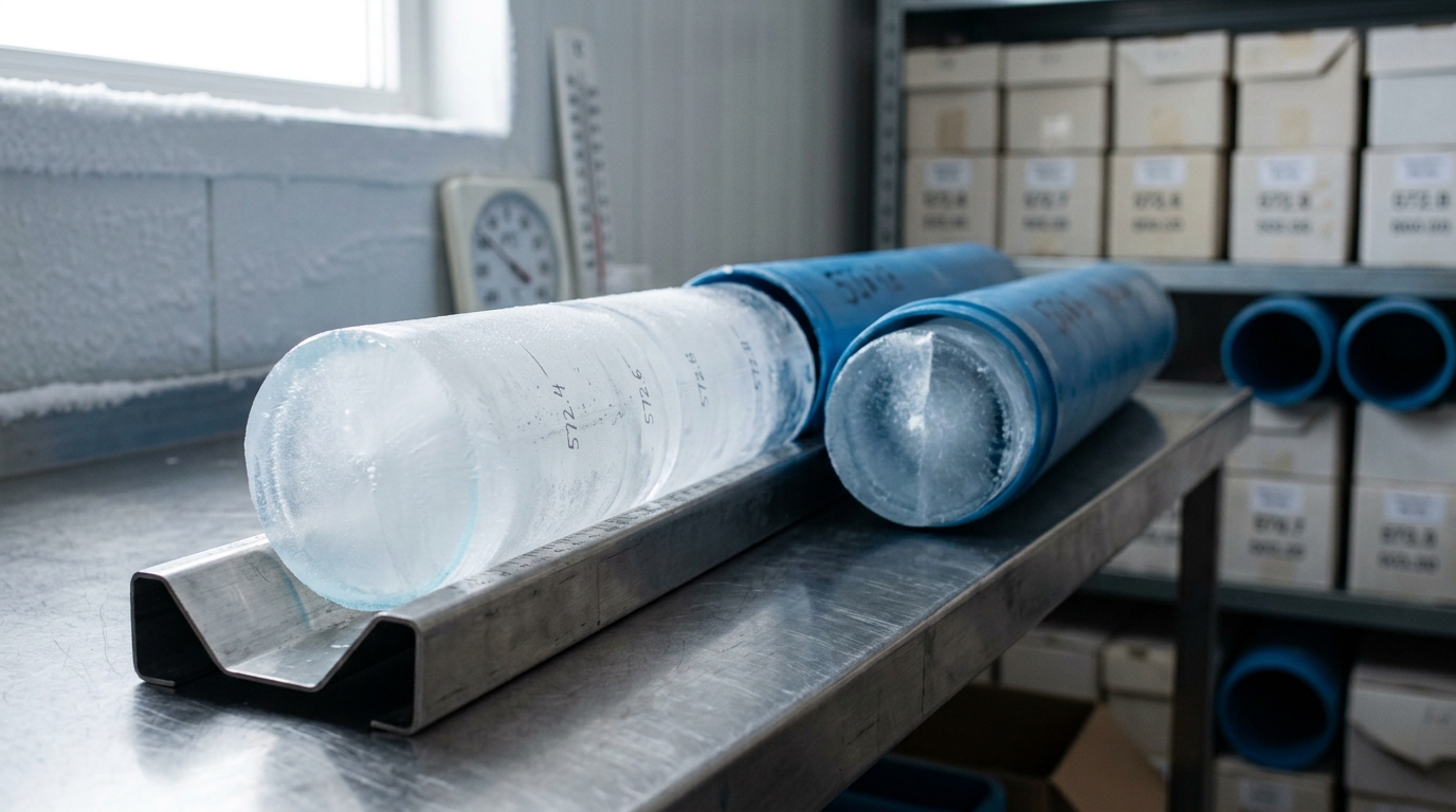 A technician's gloved hands are absent from frame; a freshly cut ice-core cylinder sits half-logged on a cold-lab bench, its lower half still in a core tube.