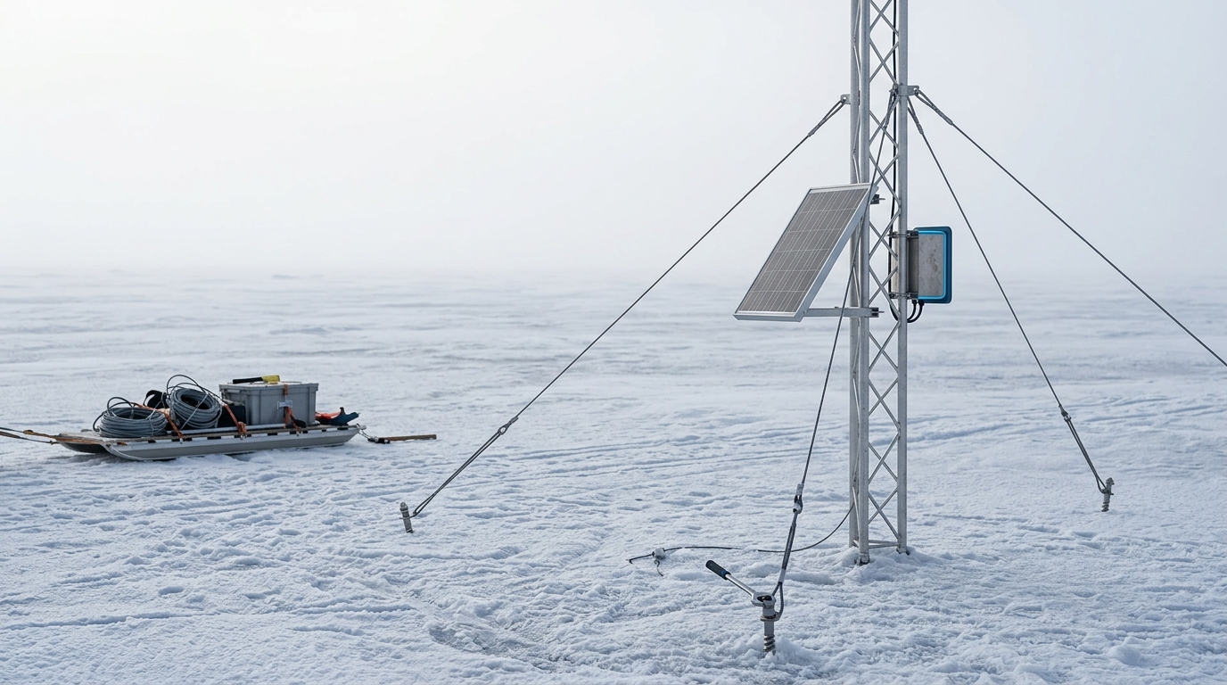 A GPS and radar altimetry mast stands anchored into a pale ice sheet surface, its solar panel tilted, guy wires still being tensioned at its base.