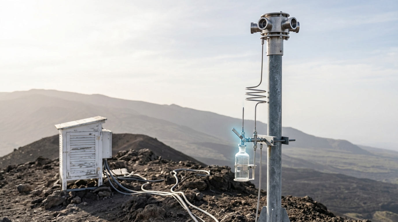 An air-sampling intake mast rises beside a small instrument shelter on a volcanic ridge, its inlet tubing catching the morning light.