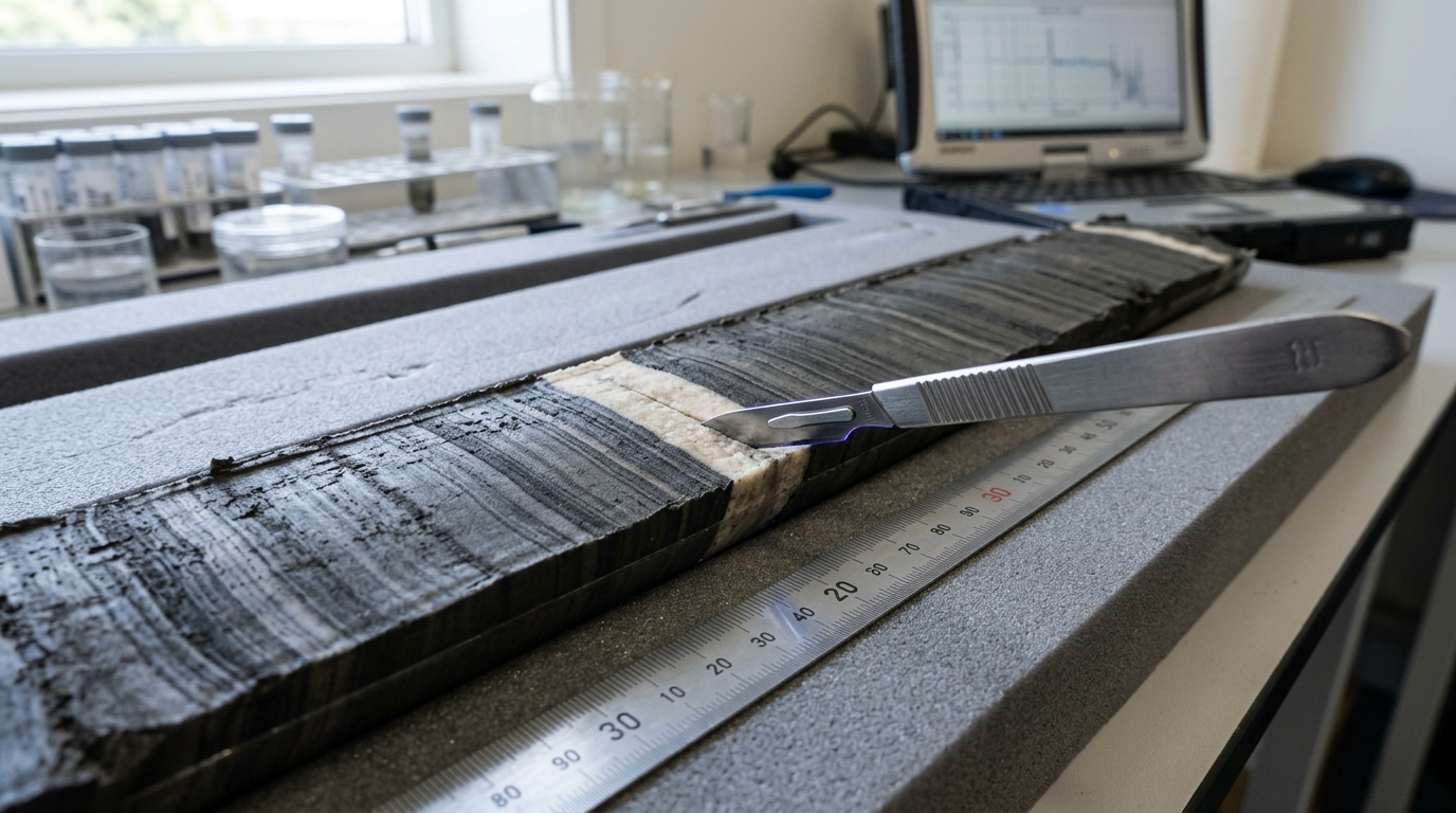 A long split sediment core lies open on a logging bench, its banded layers exposed, a scale bar laid beside it and a second unopened core section waiting behind.