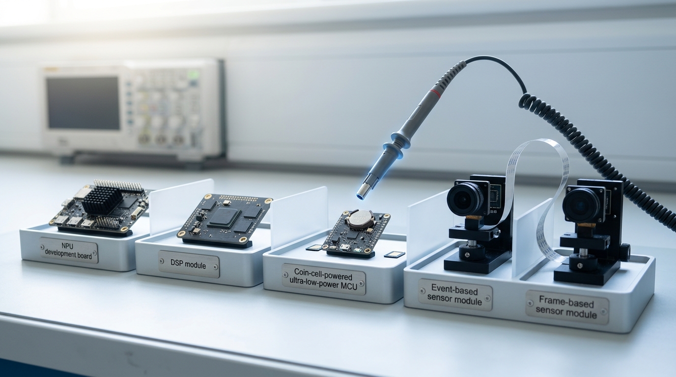 Five distinct edge AI stations — an NPU dev board, a DSP module, an ultra-low-power MCU board, an event-based sensor, and a frame-based sensor — laid out on labeled trays on a bright bench, a shared probe caught mid-transfer between two of them