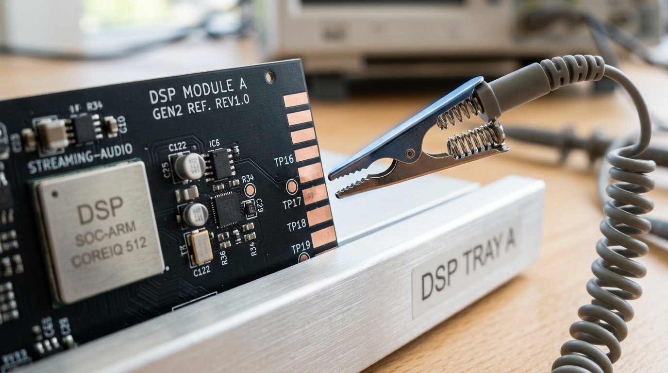 A DSP module tray with a squared-off signal-processor package under a small heat spreader, a probe test clip caught mid-attach to a bare test pad beside it