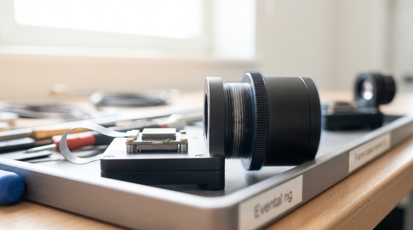 An event-based vision sensor module on a small optical rig, its lens barrel caught mid-thread into the mount and not yet fully seated