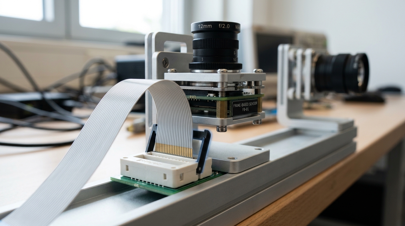 A frame-based image sensor module with on-chip preprocessing on an optical rig, its ribbon cable connector caught mid-seating into the carrier board