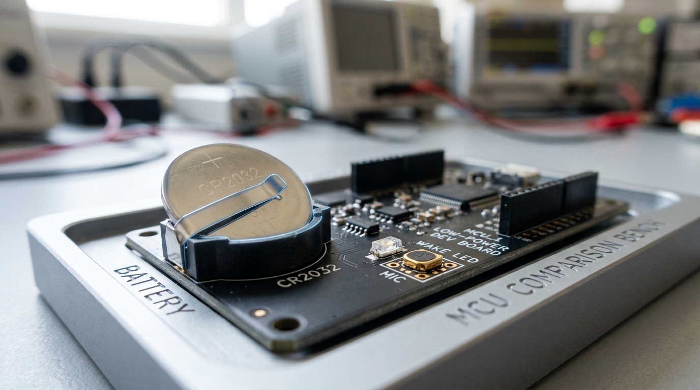 An ultra-low-power MCU dev board tray powered by a coin cell, a wake-trigger LED unlit beside a battery holder caught mid-seating with its clip only half-sprung home
