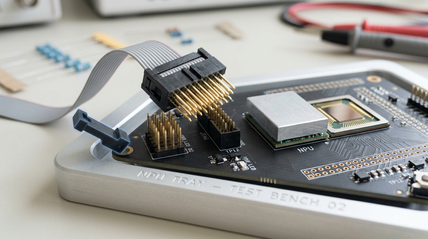 A compact NPU dev board tray with a heatsinked accelerator die, a debug header caught mid-connection with its ribbon cable connector only half-seated