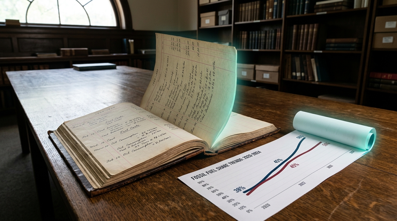 An open bound utility ledger of decades of fuel-share data beside a modern printed load curve.