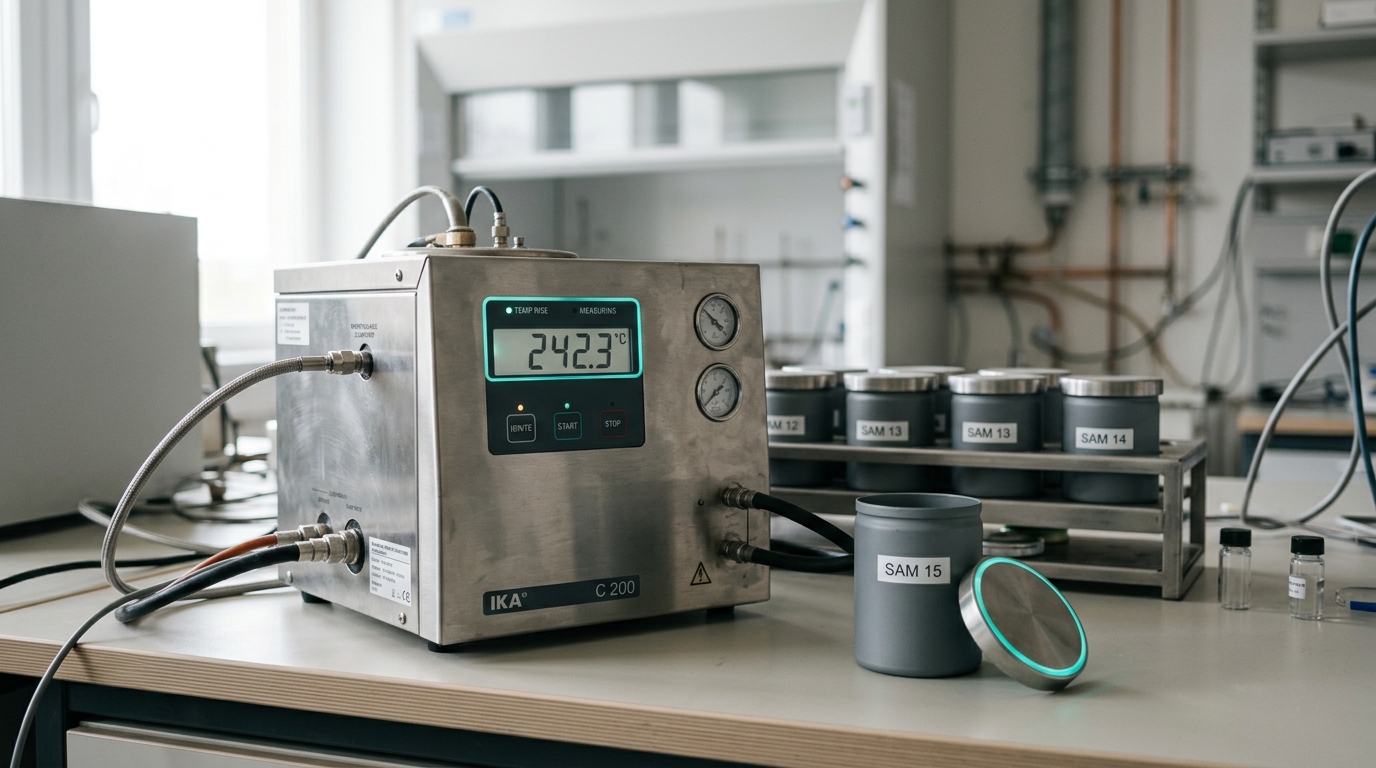 A benchtop energy-balance calorimeter mid-measurement beside stacked fuel-sample canisters.