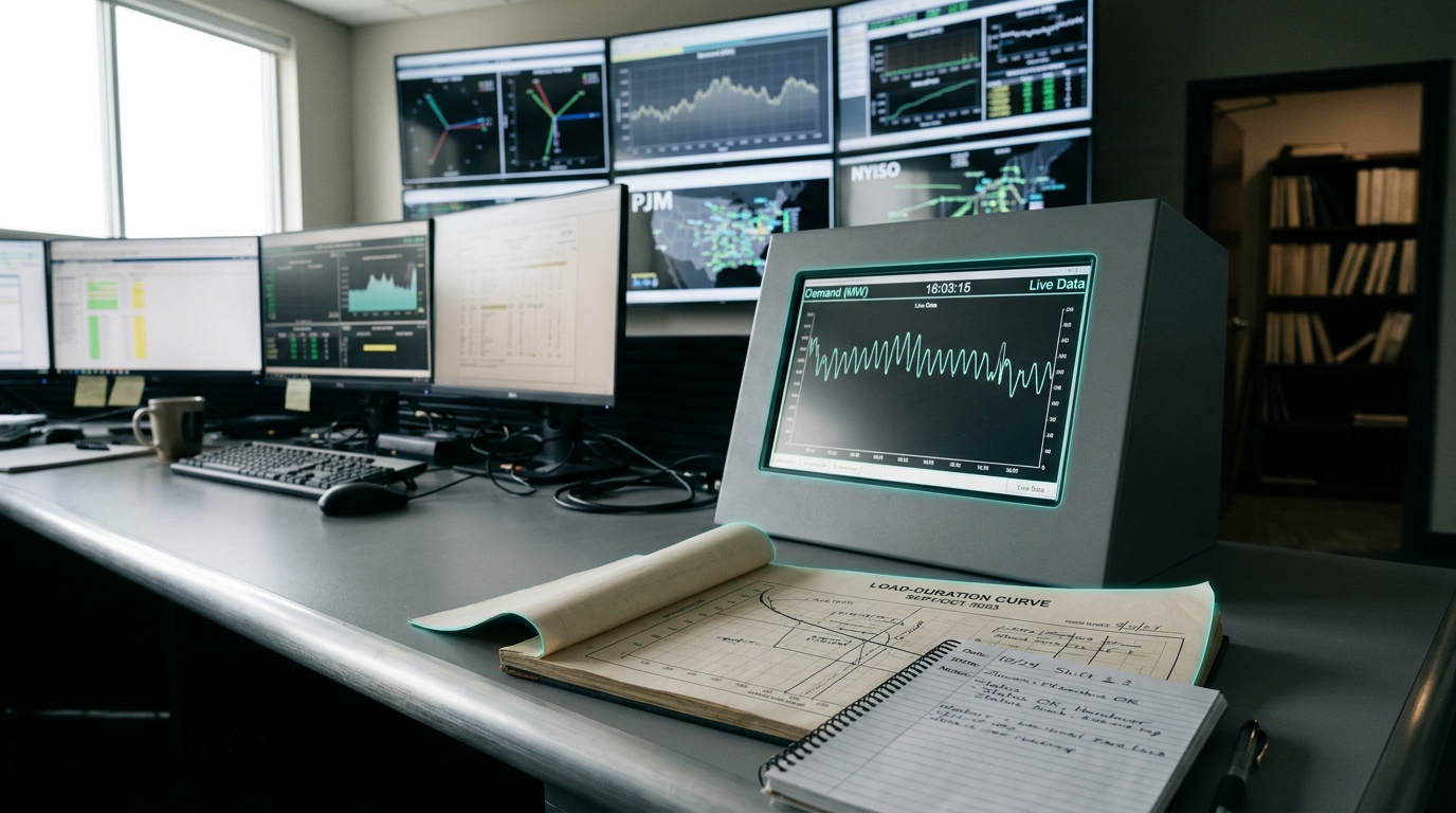 A grid control-room operator's desk mid-shift-change with layered live displays and a paper load curve underneath.