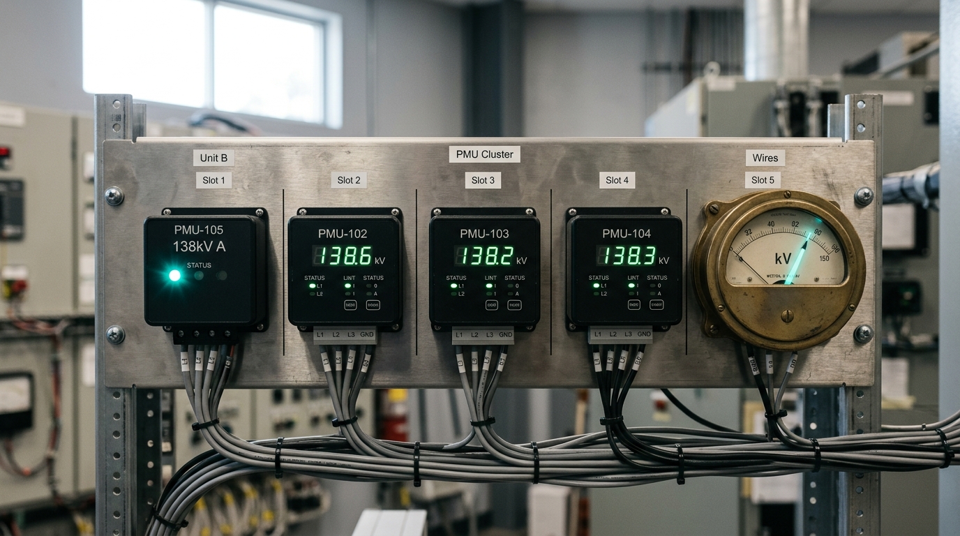 A modern synchronized phasor measurement display beside a row of retired analog substation meters.