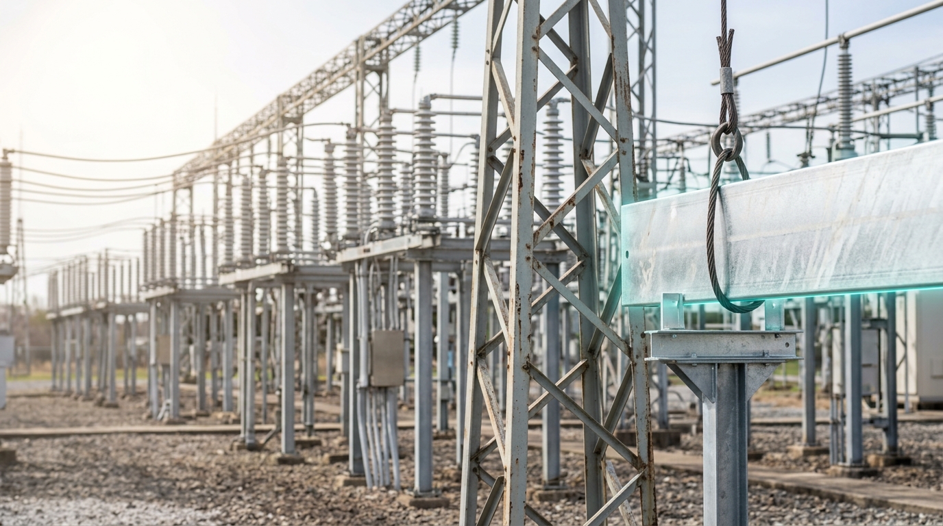A substation switchyard mid-retrofit with new busbar sections beside decades-old steel structure.