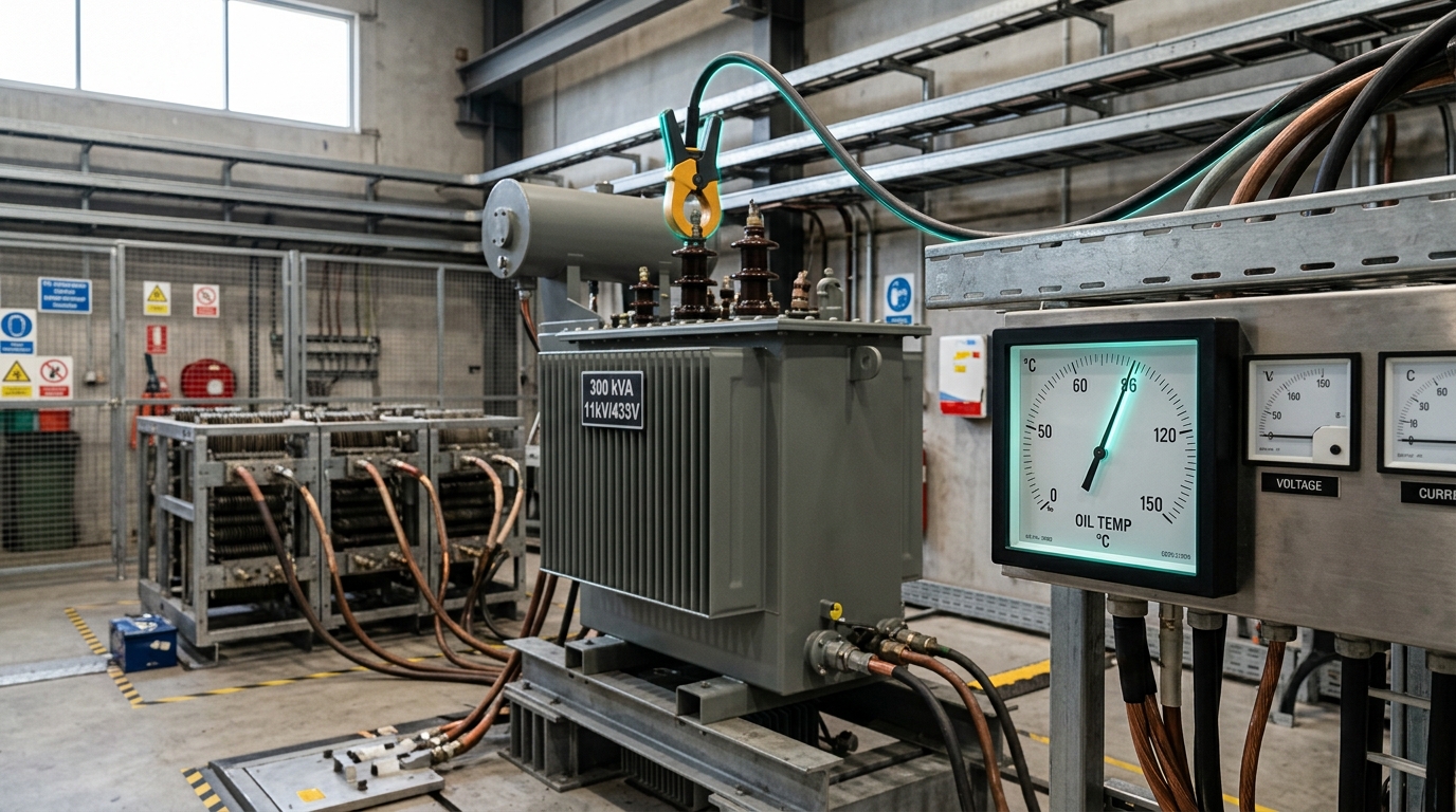 A transformer test cell mid-load-ramp with a calorimetric load bank and current transducers.