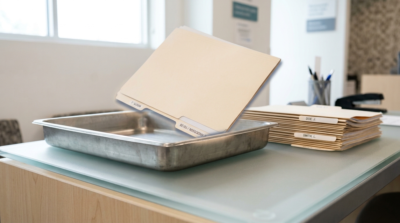 A stack of enforcement case folders sliding into an intake tray on a bright desk.