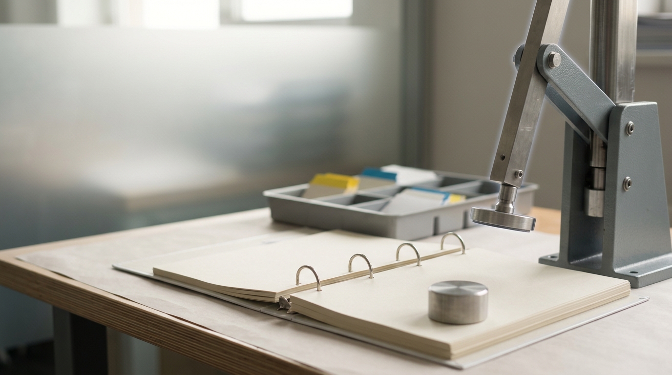 A technical-documentation binder open mid-page beside a metal compliance-stamp jig on a bright bench.