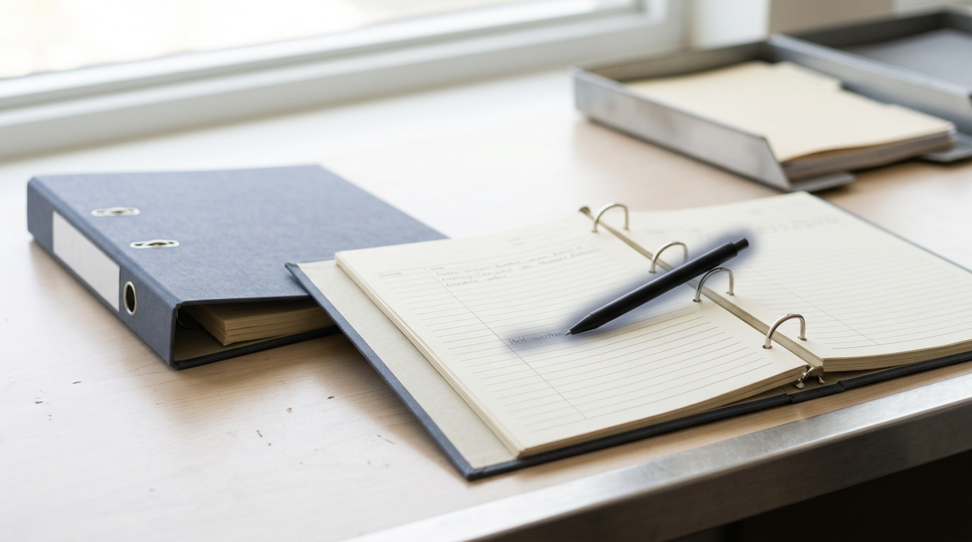 Two side-by-side incident log binders on a desk, one open mid-entry.