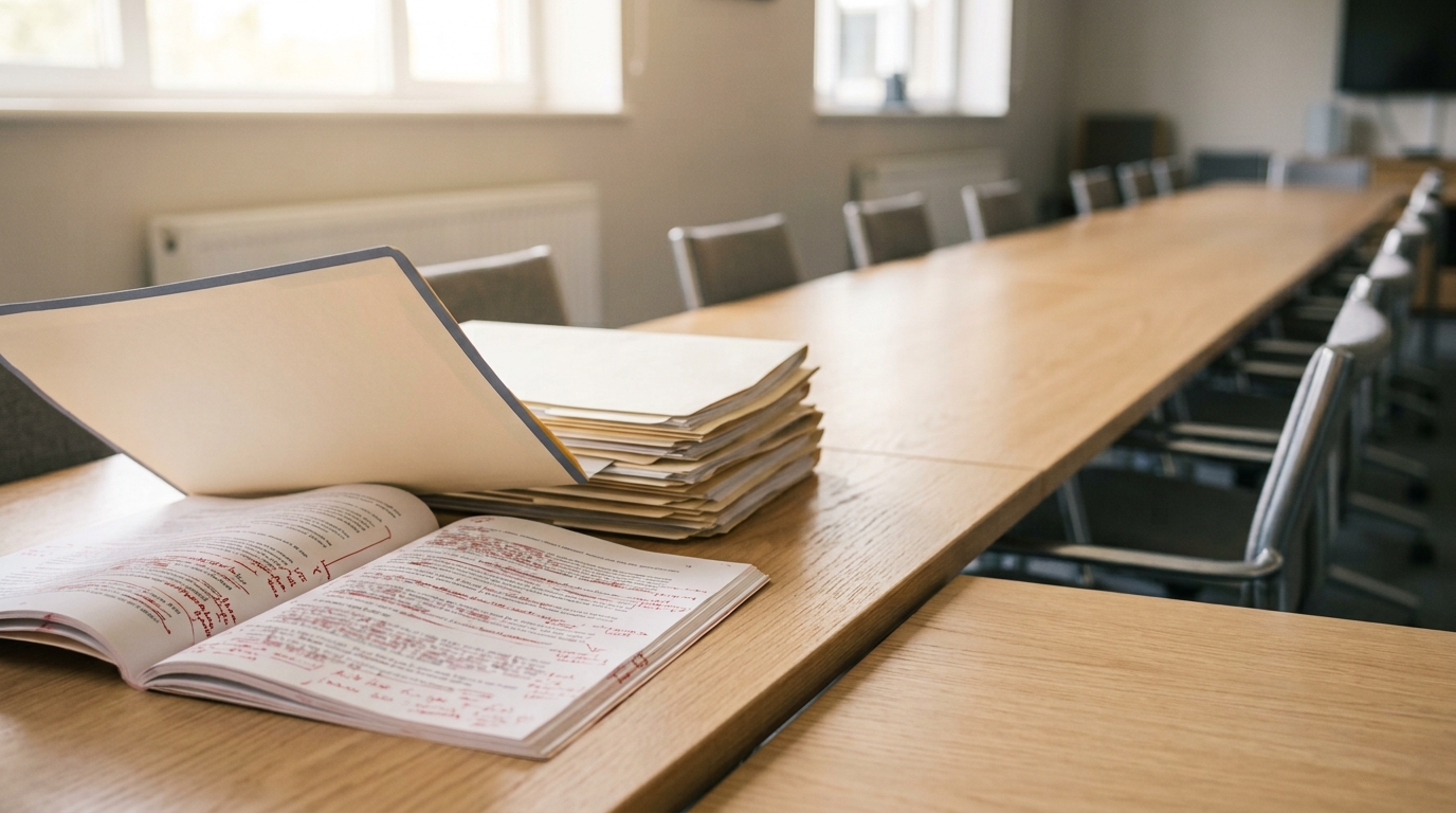 A redlined draft standard and stacked ballot folders on a long committee table.