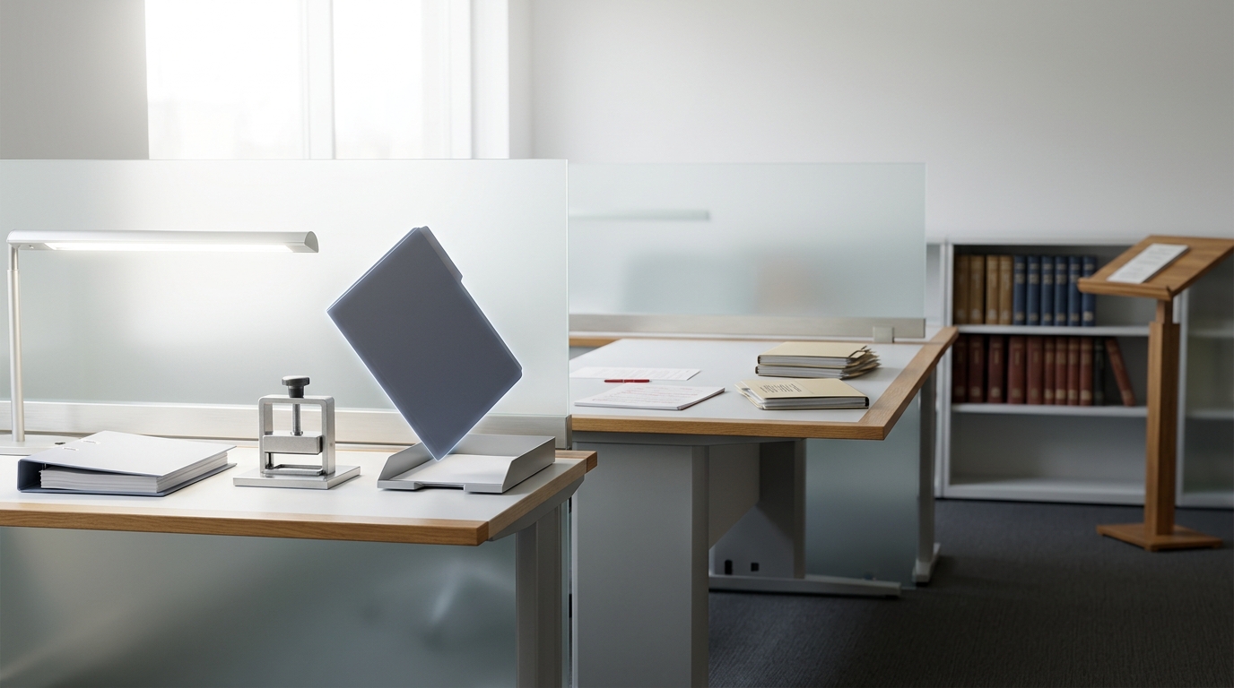 A wide bright office holding three adjoining governance work stations: a conformity-assessment bench, a standards-committee table, and a treaty archive reading nook.