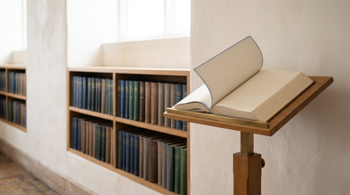 Bound human-rights instrument volumes on a shelf beside a lectern reading stand with a treaty-body report open on it.