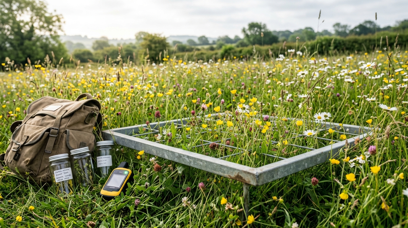 A survey quadrat frame lies in a meadow beside labeled specimen jars, a handheld GPS logger's screen glowing faintly.