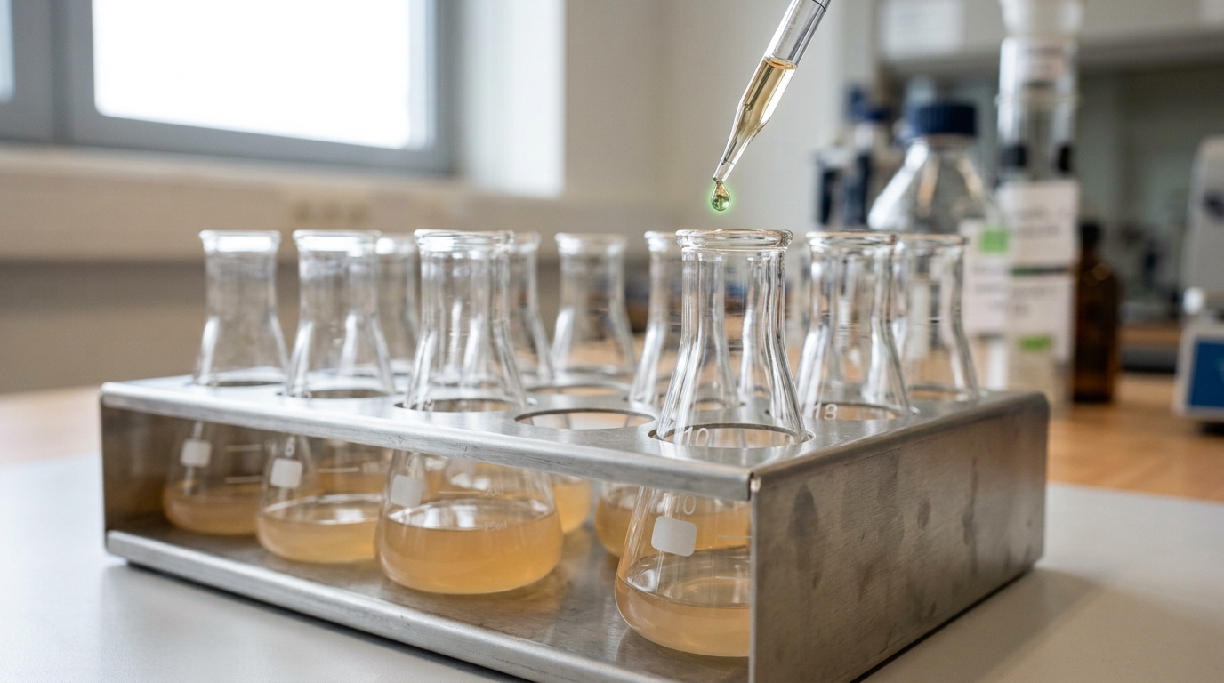 A pipette releases a single droplet of culture into a fresh flask on a laboratory serial-transfer rack.