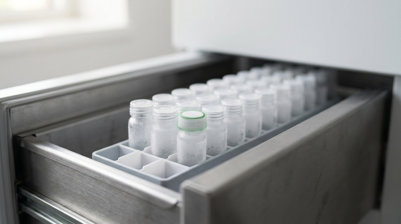 A chest freezer drawer stands half-open showing rows of small dated vials, a frozen fossil record of past generations.