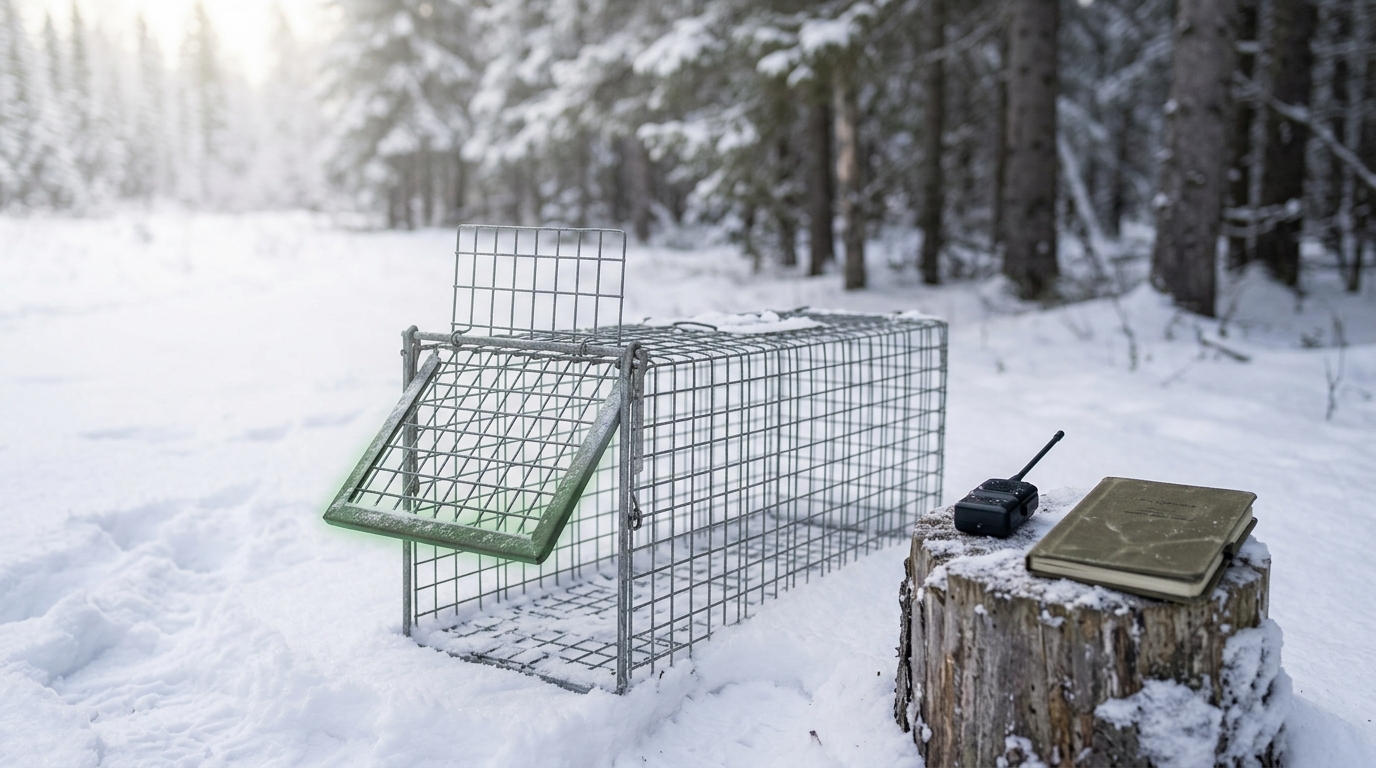 A wire live-trap sits open in snow at dawn beside a radio collar and a notebook, steam rising from a thermos.