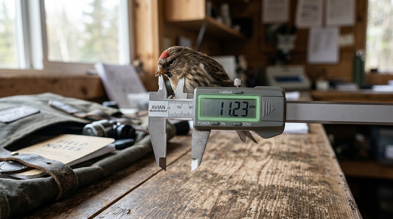A researcher's hand steadies bird-banding calipers mid-measurement on a small songbird's bill at a sunlit field bench.