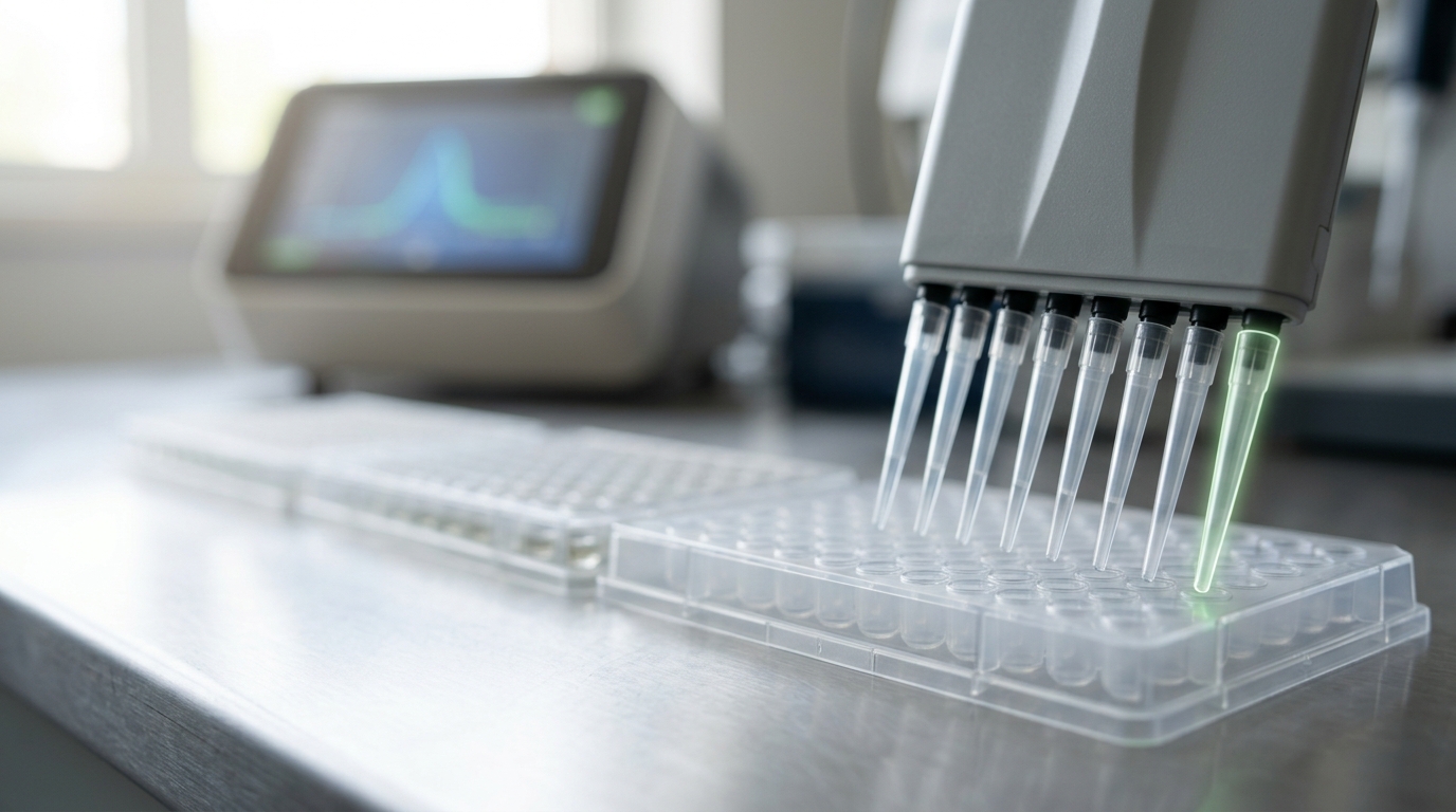 A multichannel pipette lowers into a 96-well sample plate on a genomics prep bench, a sequencer trace glowing obliquely on a screen behind.