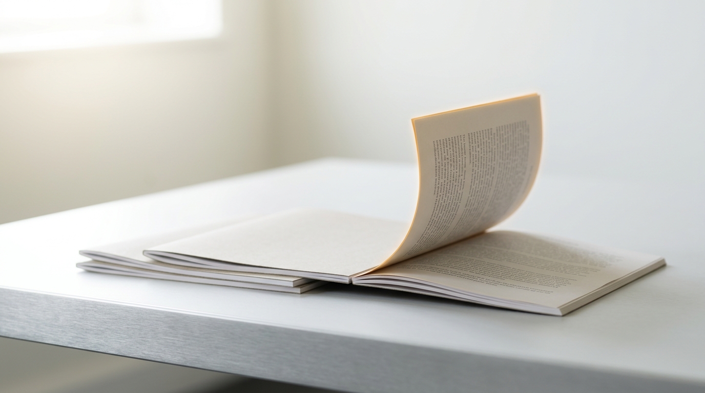 A stack of bound scenario-narrative booklets on a conference table, the top one open and caught mid-page-turn