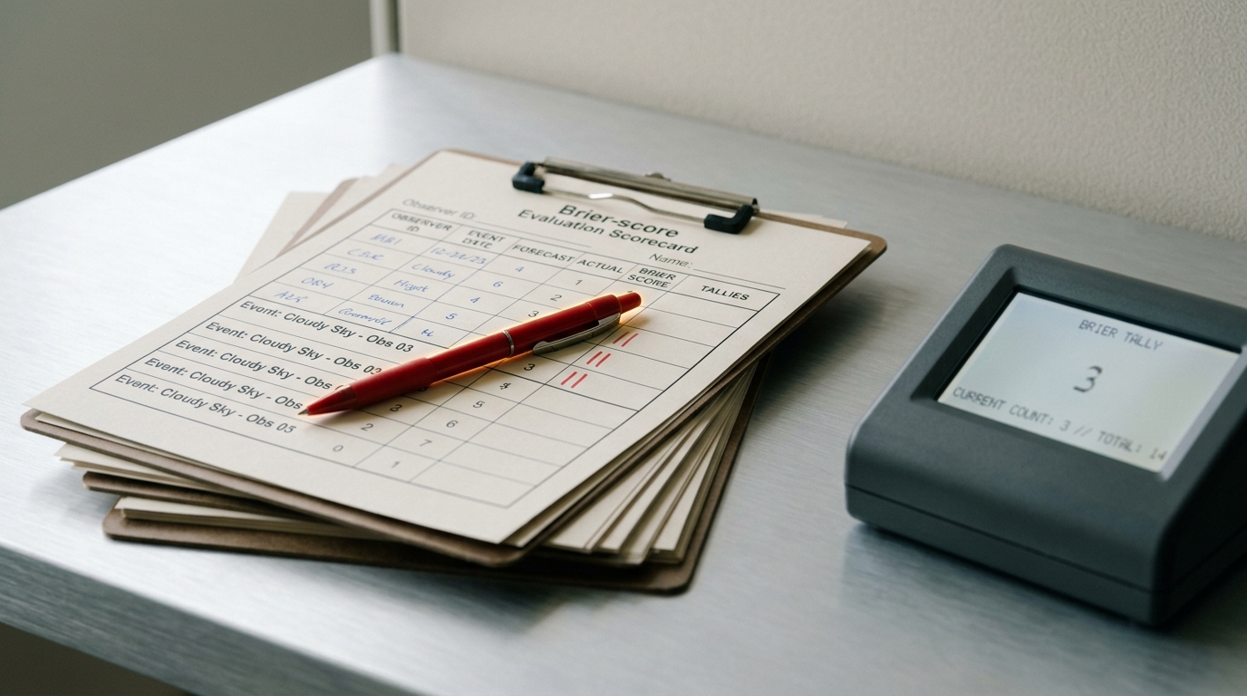 A stack of printed Brier-score scorecards on clipboards, the top one half-annotated in red pen, beside a small response terminal mid-tally