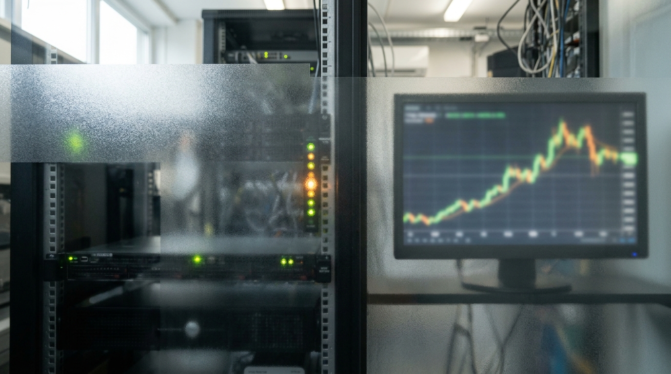 Through a frosted-glass partition, a small server rack with status LEDs feeding a live market-price screen, one LED caught mid-blink