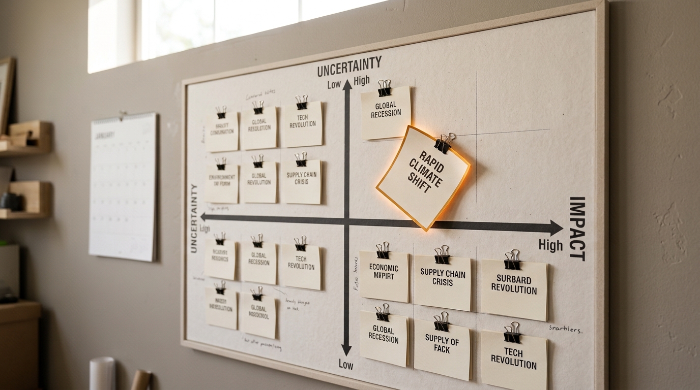A large pinned scenario matrix on stiff board with two crossing axes, one quadrant card half-lifted from its clip as if being repositioned