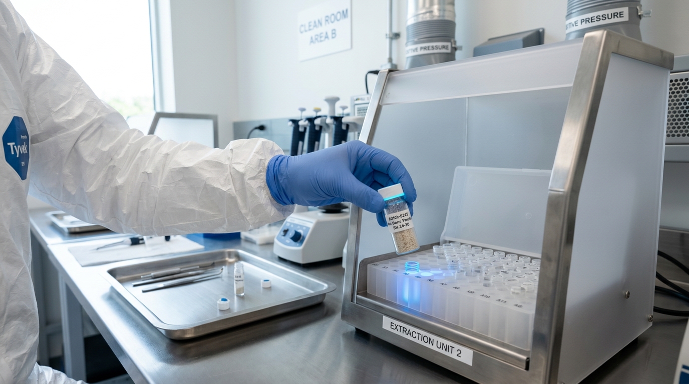 A gloved arm reaching into a positive-pressure ancient-DNA clean room, a small bone-powder sample vial mid-transfer into a extraction rack.