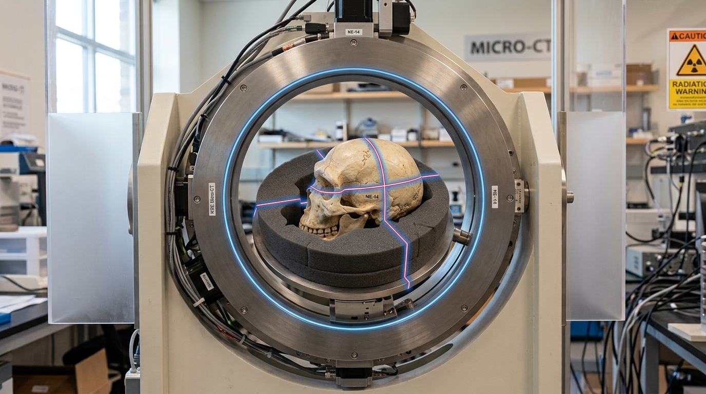 A fossil cranial cast positioned inside an open micro-CT scanner gantry, mid-alignment before a scan.