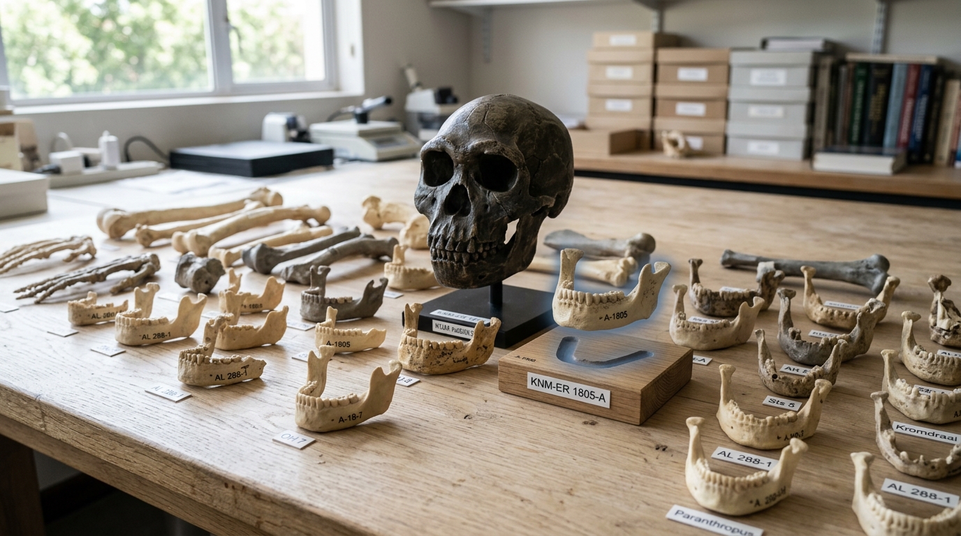 A comparative osteology table where several small hominin jaw and limb-bone casts are being rearranged around a central reference cast, one cast still in mid-air.